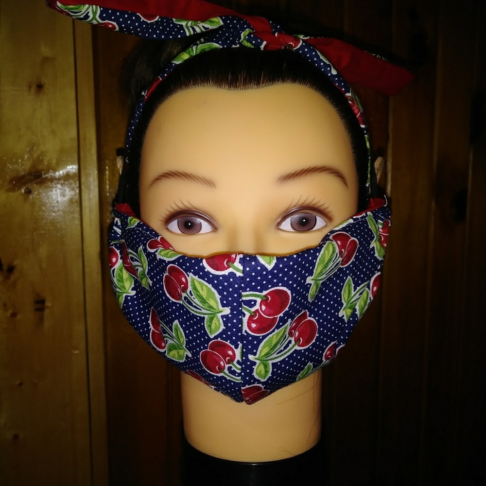 Navy blue with cherries headband and mask set